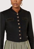 Women’s black Bavarian jacket in cropped style featuring traditional buttons and fitted silhouette.