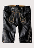 Women’s black Bavarian lederhosen knee-length shorts with ornate folk stitching