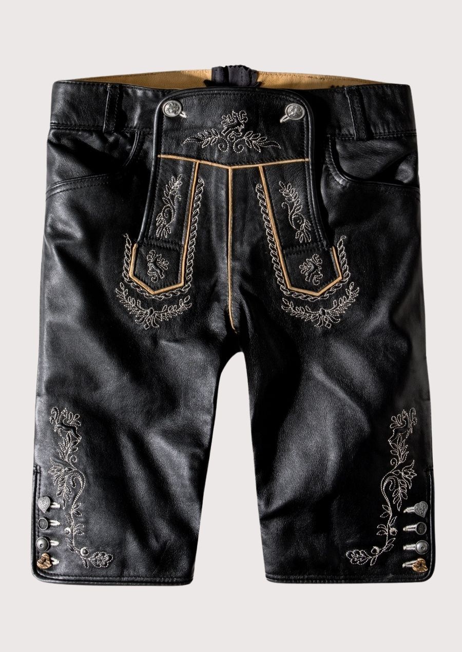 Women’s black Bavarian lederhosen knee-length shorts with ornate folk stitching