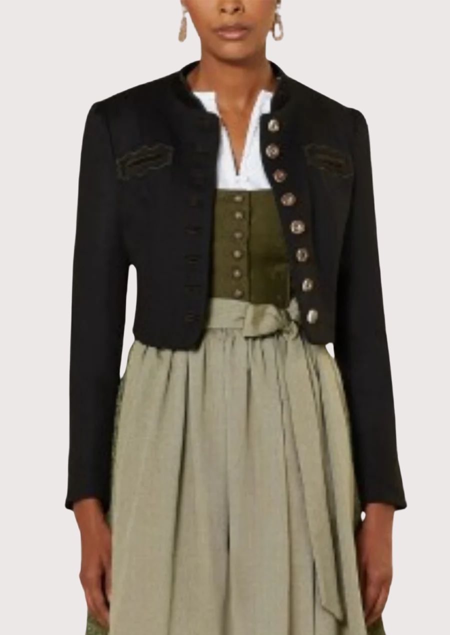 Front view of a women's black cropped Trachten jacket featuring antique metal buttons, stand collar, and authentic Bavarian tailoring.