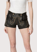Women’s premium black lederhosen shorts featuring detailed Bavarian embroidery