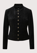 Women's Black Trachten Velvet Jacket with a stand collar, decorative metal buttons, tailored fit, and authentic Bavarian heritage styling.