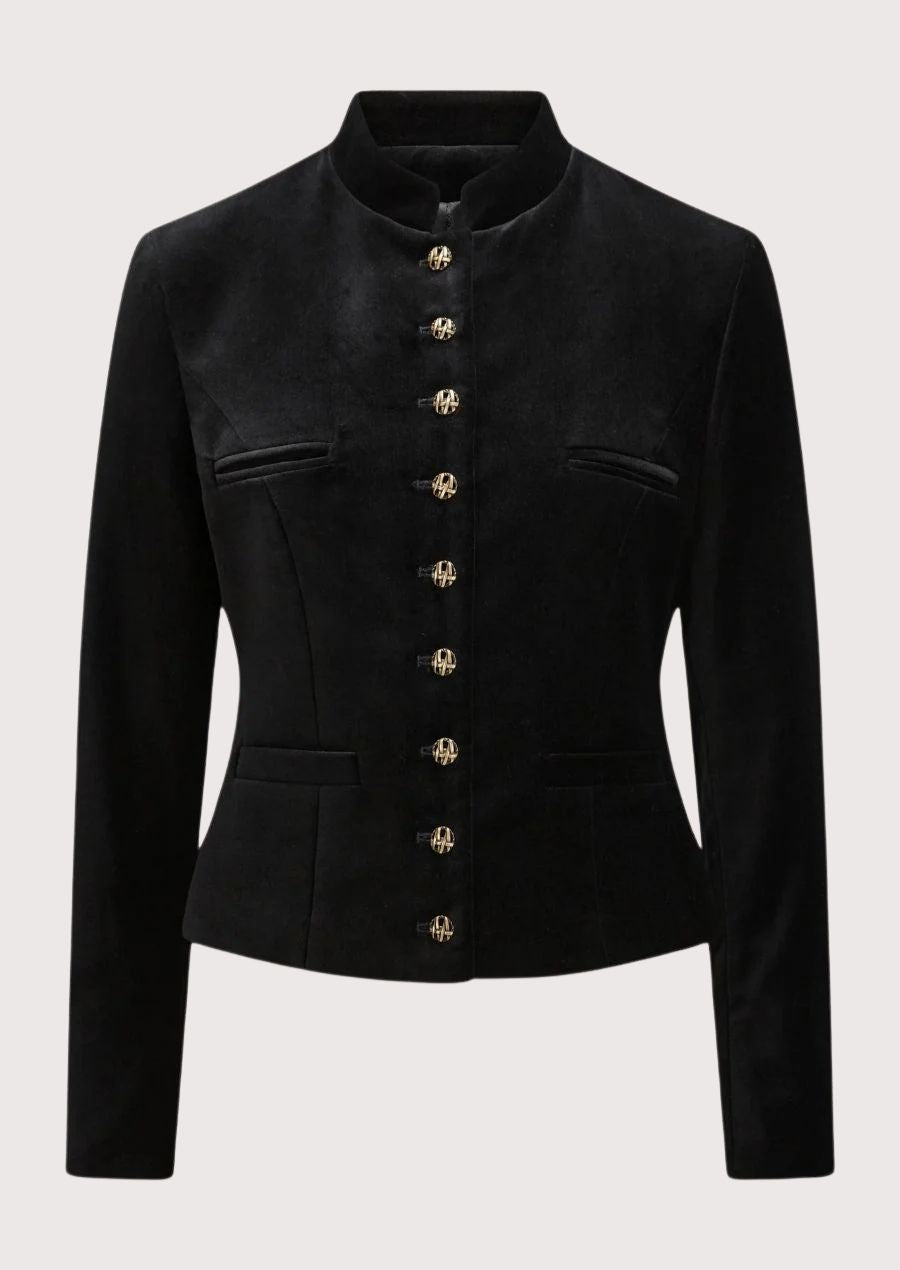 Women's Black Trachten Velvet Jacket with a stand collar, decorative metal buttons, tailored fit, and authentic Bavarian heritage styling.