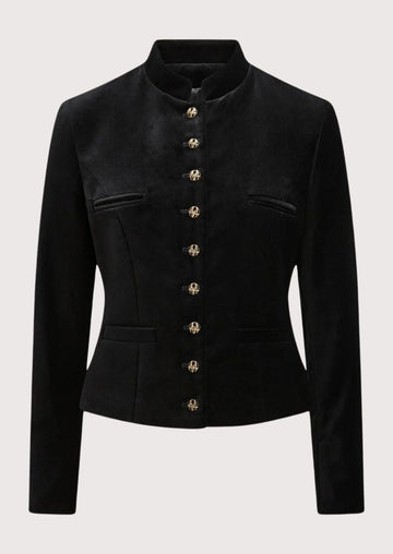 Women's Black Trachten Velvet Jacket with a stand collar, decorative metal buttons, tailored fit, and authentic Bavarian heritage styling.