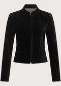 Women's black velvet Trachten jacket with stand-up collar, tailored fitted silhouette, concealed front closure, traditional Bavarian Alpine velvet jacket, authentic German heritage fashion.