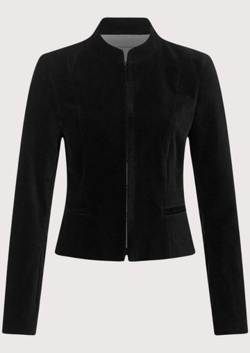 Women's black velvet Trachten jacket with stand-up collar, tailored fitted silhouette, concealed front closure, traditional Bavarian Alpine velvet jacket, authentic German heritage fashion.