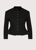 Womens Black Wool Trachten Jacket with velvet stand collar, silver buttons, fitted silhouette, and authentic Alpine tailoring.