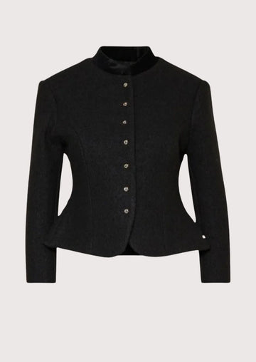 Womens Black Wool Trachten Jacket with velvet stand collar, silver buttons, fitted silhouette, and authentic Alpine tailoring.