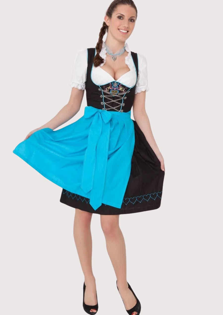 Traditional women's Trachten Dirndl with floral embroidery, fitted black bodice, blue waist apron, and authentic German festival fashion.