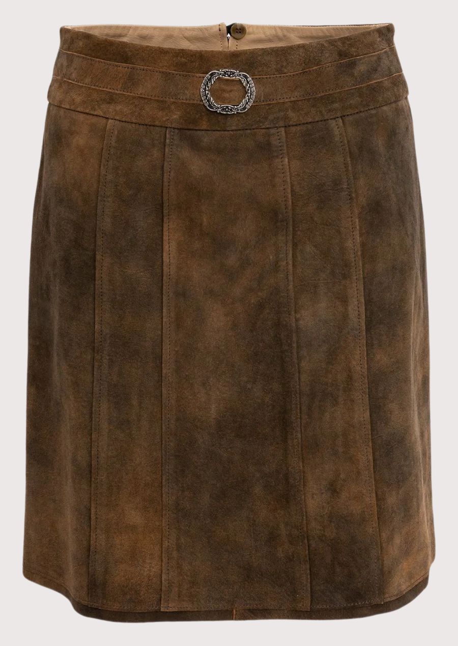 Women wearing a brown suede leather skirt with elegant fit