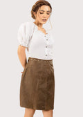 Women's brown suede midi skirt featuring a clean tailored silhouette, premium leather texture, and elegant heritage-inspired design.