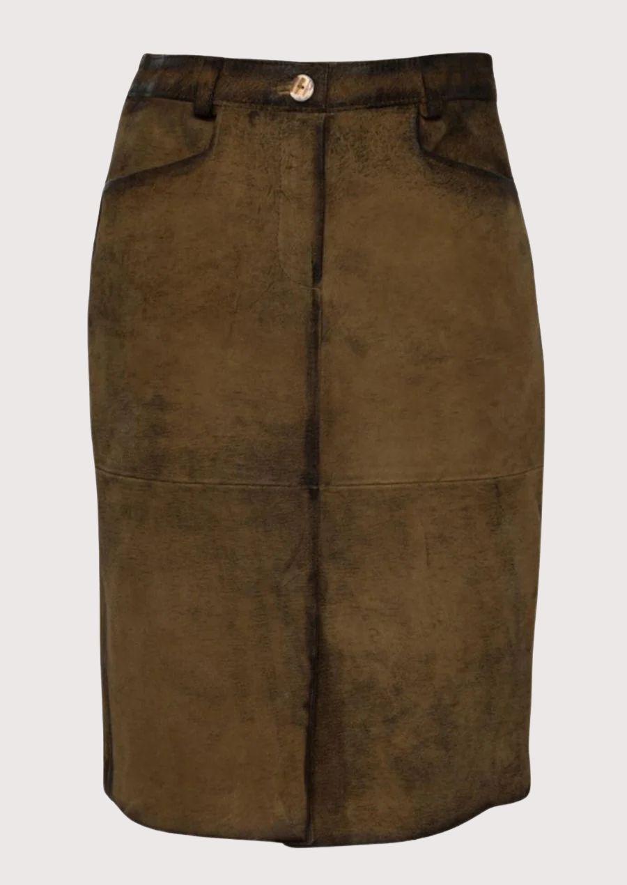 Women wearing brown trachten leather skirt traditional style