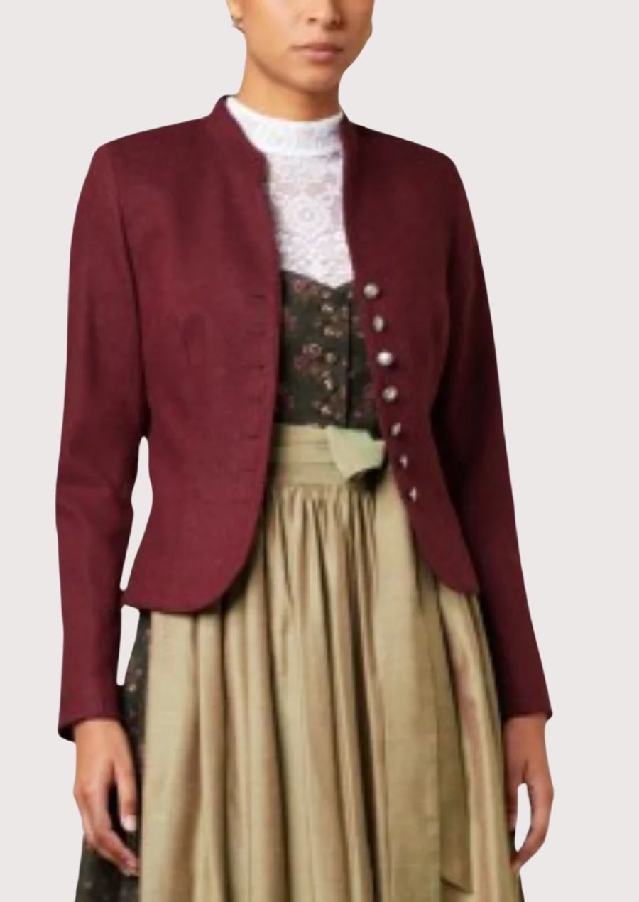 Front view of a women's burgundy Trachten jacket with premium wool, silver buttons, fitted silhouette, and Alpine craftsmanship.