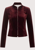 Women's burgundy velvet Trachten jacket with stand-up collar, tailored fit, concealed front closure, premium Bavarian Alpine jacket, authentic German heritage fashion.