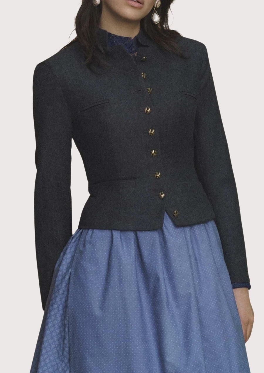 Anthracite Trachten Jacket featuring luxury wool fabric, stand collar, fitted silhouette, and elegant heritage craftsmanship.