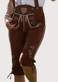 Women's chestnut brown suede lederhosen with embroidered suspenders, floral detailing, and knee-length Bavarian design.