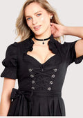 Classic women's Trachten Dirndl dress in solid black with a lace-up corset bodice, tailored silhouette, and authentic Alpine design.