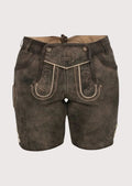 Front view of women’s dark brown lederhosen shorts with traditional embroidered flap