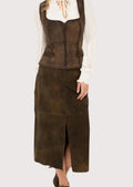 Women's dark brown suede maxi skirt crafted from premium leather with a sleek straight silhouette and elegant full-length design.