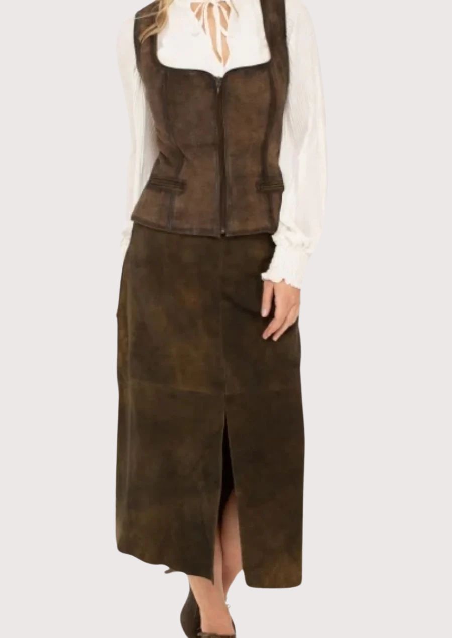 Women's dark brown suede maxi skirt crafted from premium leather with a sleek straight silhouette and elegant full-length design.