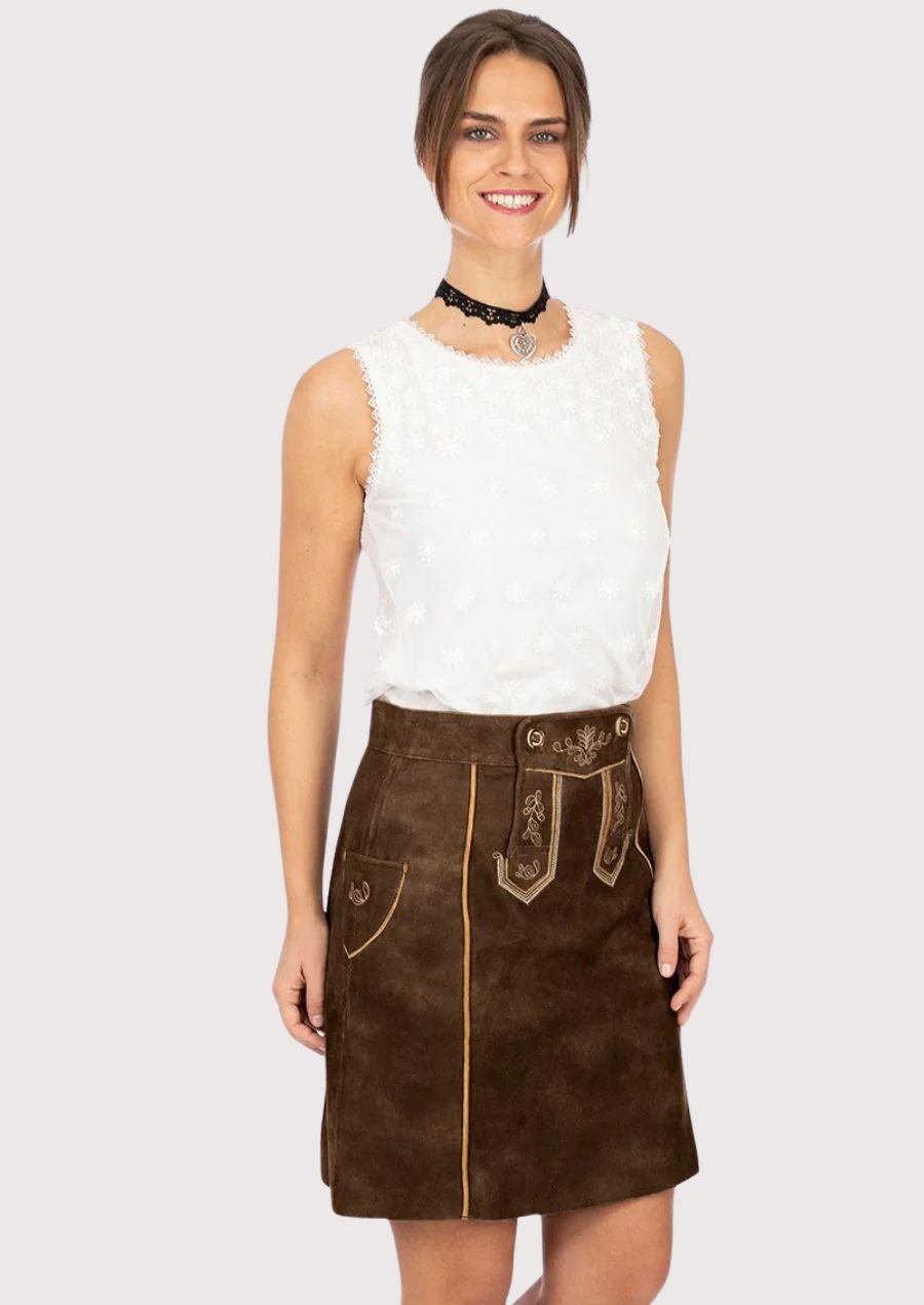 Button Bib Leather Trachten Skirt with embroidered front bib, classic Alpine design, and luxurious leather texture.