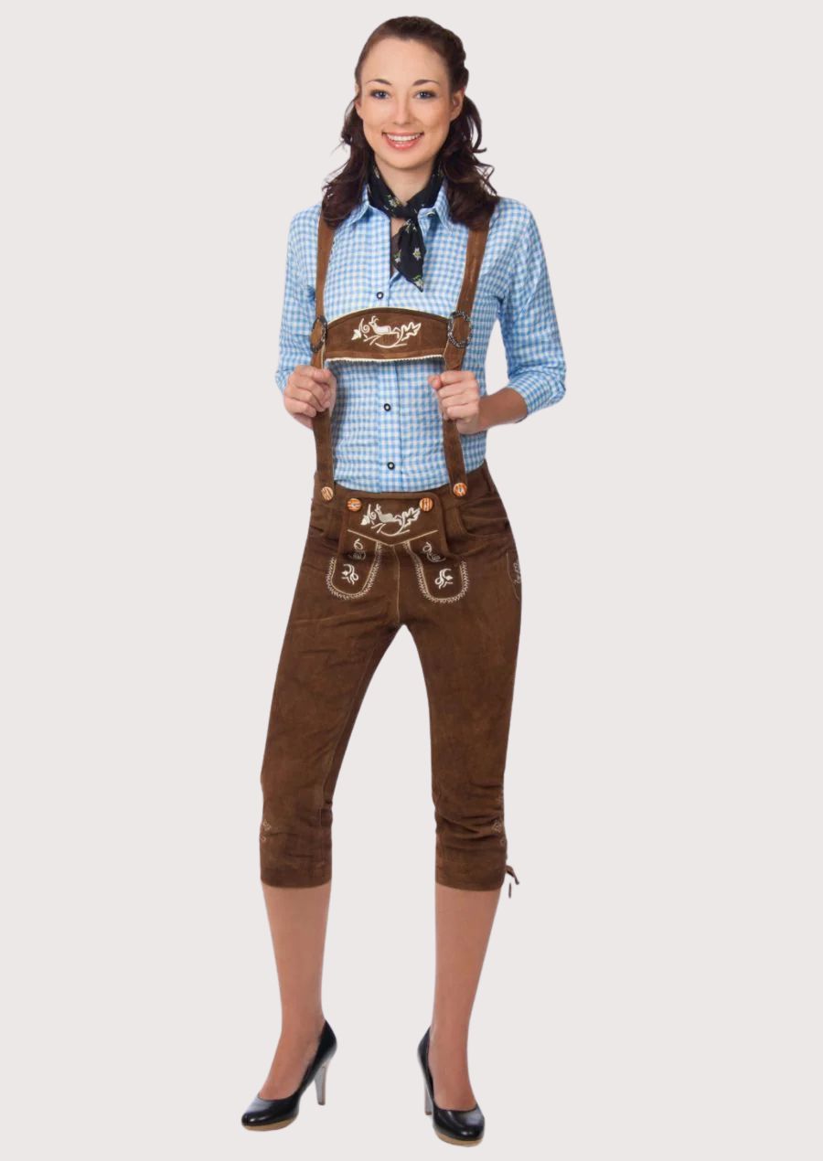 Brown Acorn Leather Bundhosen Set with embroidered deer artwork, suspenders, and timeless Bavarian appeal.