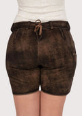 Women's distressed Bavarian leather shorts crafted from premium suede with decorative embroidery and folk-inspired accents.