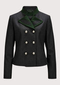 Women's charcoal wool Trachten jacket with green velvet collar, double-breasted pearl buttons, tailored Bavarian blazer, premium Alpine heritage jacket for Oktoberfest and traditional wear.