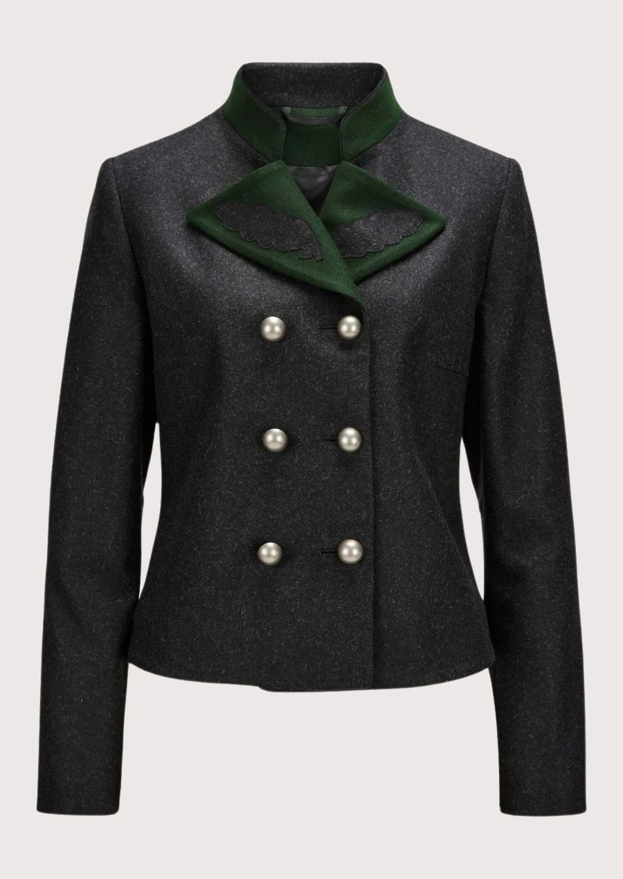 Women's charcoal wool Trachten jacket with green velvet collar, double-breasted pearl buttons, tailored Bavarian blazer, premium Alpine heritage jacket for Oktoberfest and traditional wear.