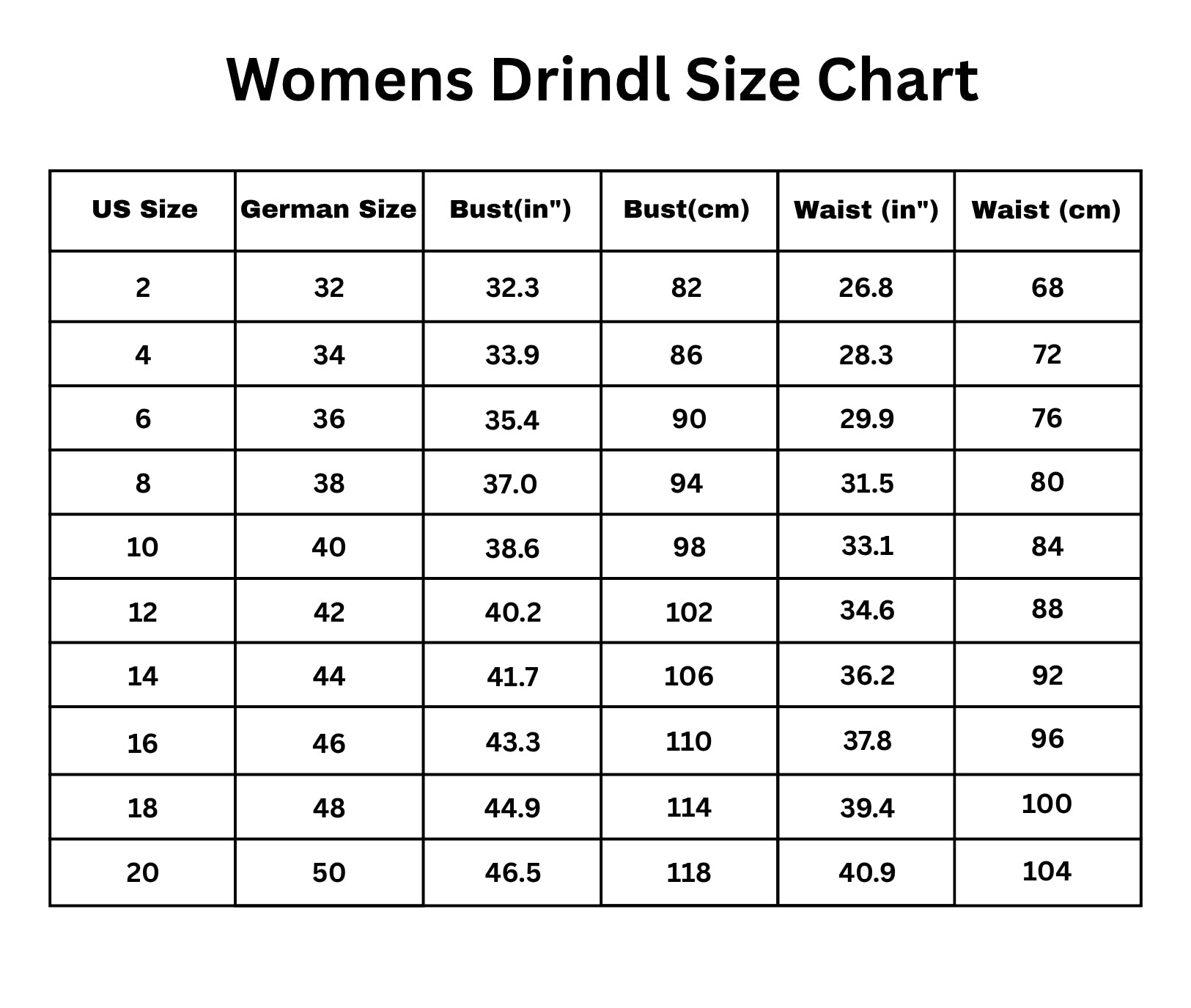 Size Chart for Timeless Long Dirndl - Stylish and Comfortable Fit