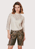 Women's Alpine leather shorts with intricate floral embroidery, rustic suede finish, and traditional German heritage design.