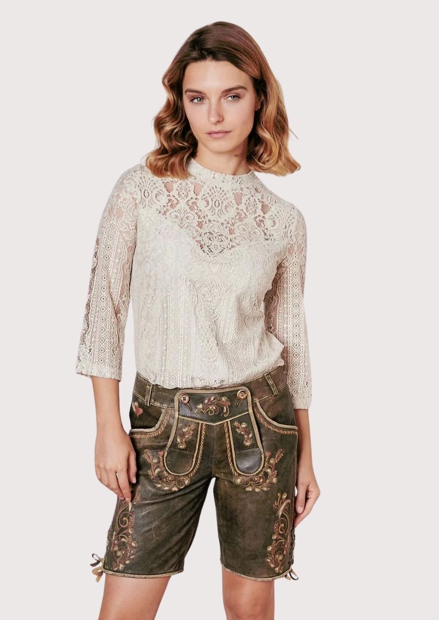 Women's Alpine leather shorts with intricate floral embroidery, rustic suede finish, and traditional German heritage design.