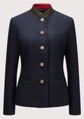 Women's navy wool Trachten jacket with embroidered green stand-up collar, horn-style buttons, tailored Bavarian jacket, authentic Alpine German traditional clothing.