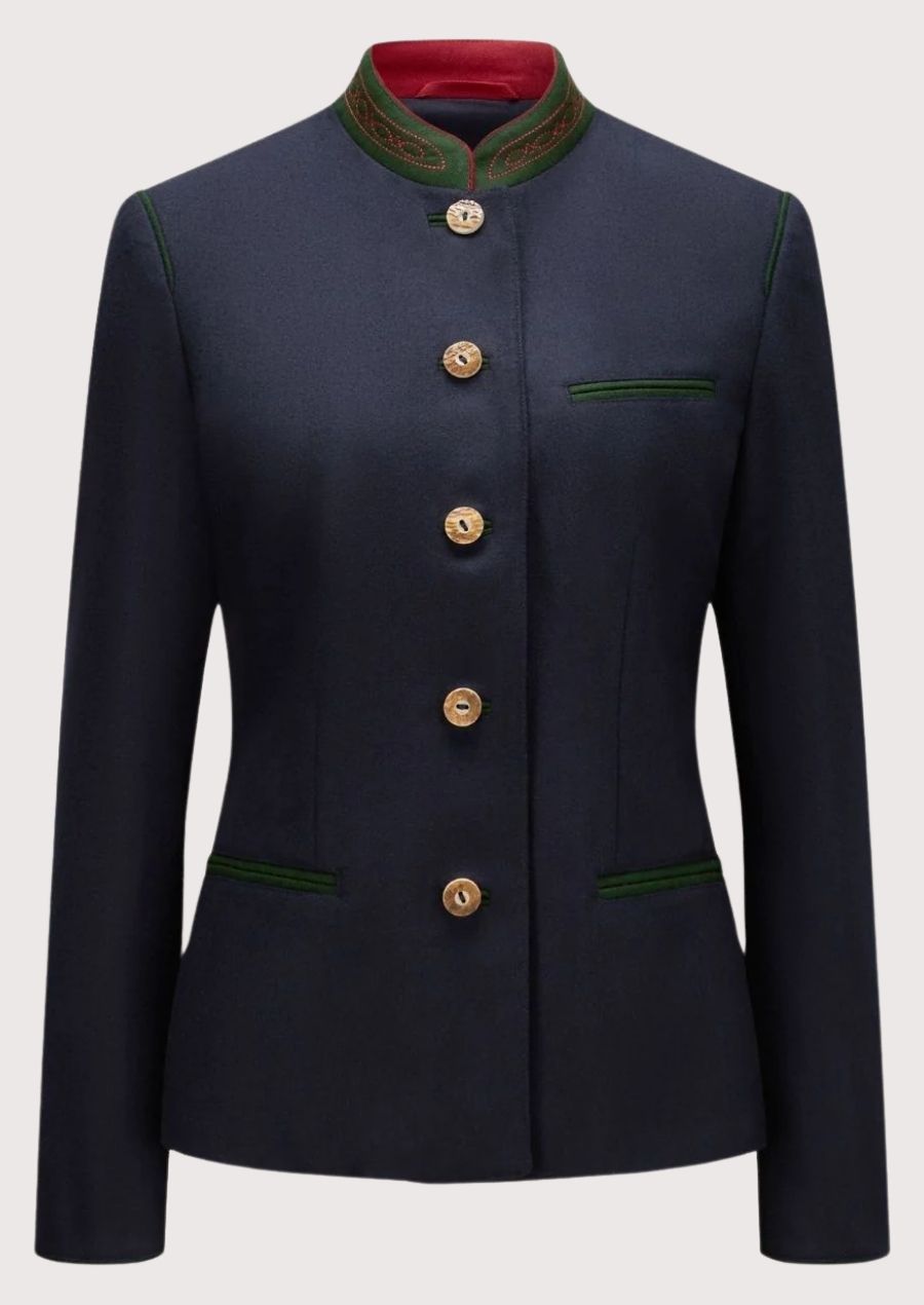 Women's navy wool Trachten jacket with embroidered green stand-up collar, horn-style buttons, tailored Bavarian jacket, authentic Alpine German traditional clothing.