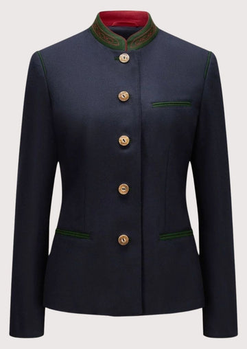 Women's navy wool Trachten jacket with embroidered green stand-up collar, horn-style buttons, tailored Bavarian jacket, authentic Alpine German traditional clothing.