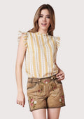 Women's light tan suede lederhosen shorts featuring colorful floral embroidery, Bavarian detailing, and traditional Alpine style.