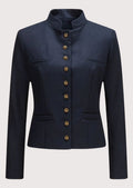 Women's navy wool Trachten jacket with gold buttons, stand-up collar, tailored Bavarian jacket, premium Alpine outerwear, authentic German traditional fashion.