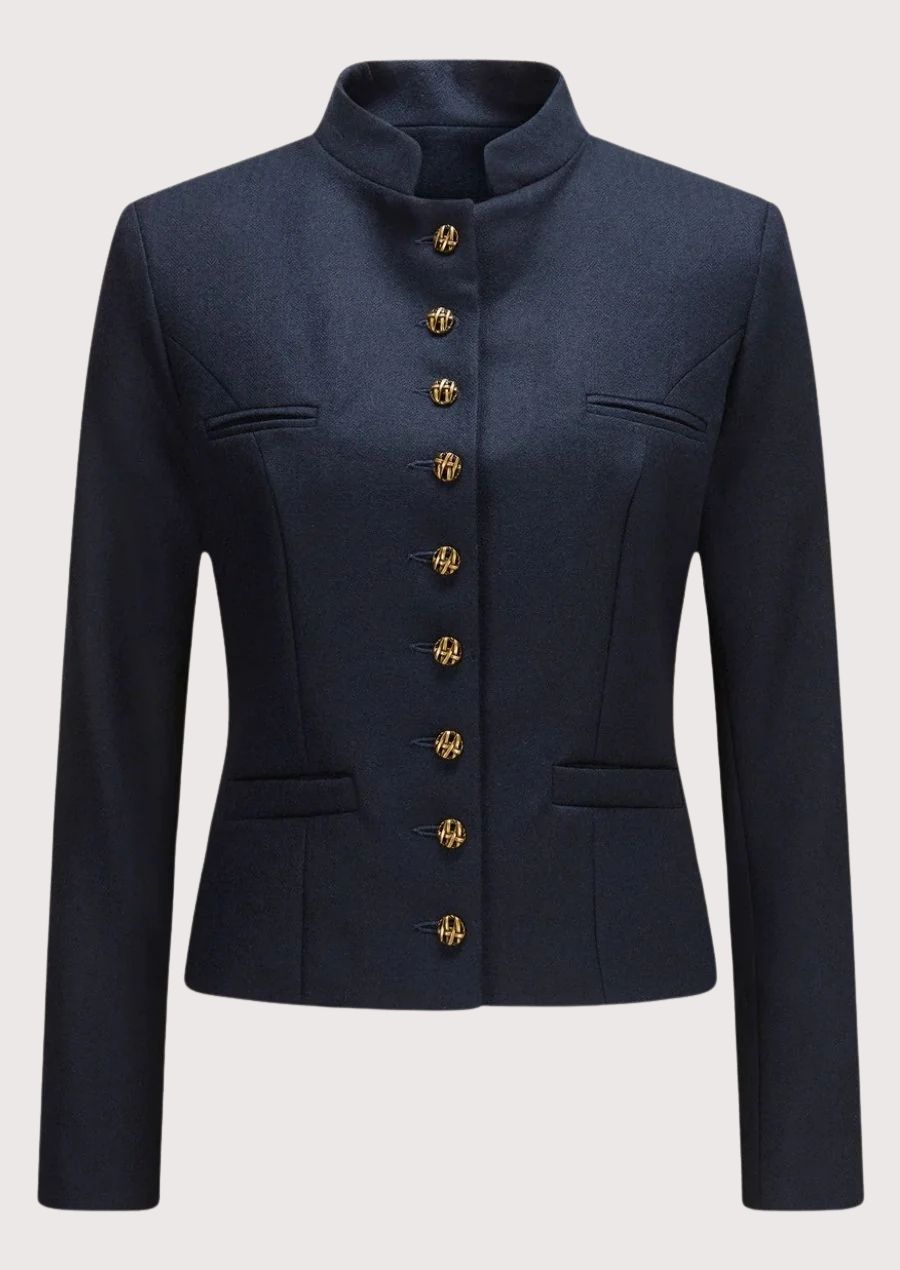 Women's navy wool Trachten jacket with gold buttons, stand-up collar, tailored Bavarian jacket, premium Alpine outerwear, authentic German traditional fashion.