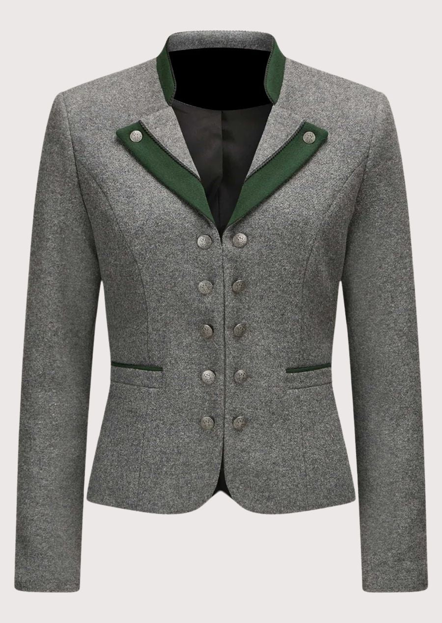Women's grey wool Trachten blazer with green contrast trim, silver decorative buttons, tailored Bavarian jacket, premium Alpine heritage fashion for Oktoberfest and traditional wear.