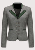 Women's grey wool Trachten blazer with green contrast trim, silver decorative buttons, tailored Bavarian jacket, premium Alpine heritage fashion for Oktoberfest and traditional wear.