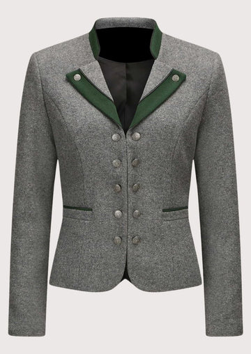 Women's grey wool Trachten blazer with green contrast trim, silver decorative buttons, tailored Bavarian jacket, premium Alpine heritage fashion for Oktoberfest and traditional wear.