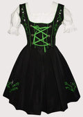 Women's Bavarian Dirndl dress with a black embroidered bodice, green lace-up corset front, matching apron, and traditional Alpine festival design.