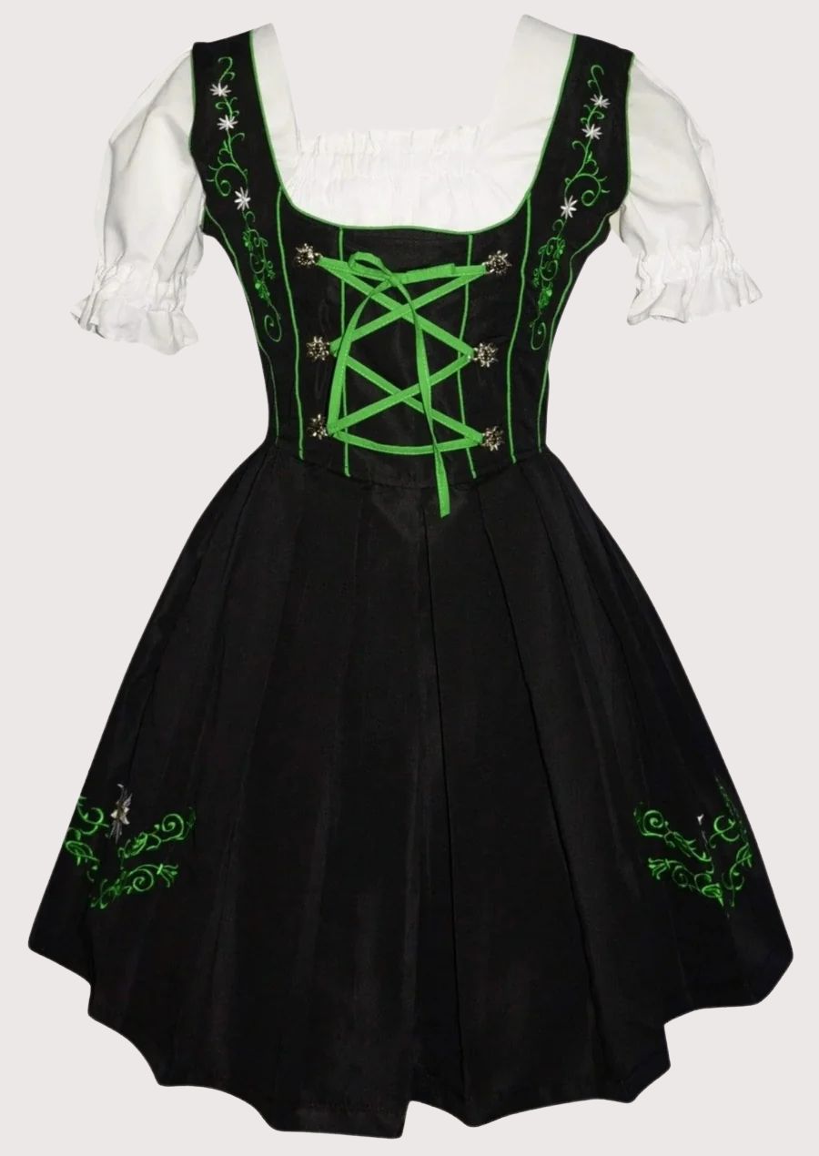 Women's Bavarian Dirndl dress with a black embroidered bodice, green lace-up corset front, matching apron, and traditional Alpine festival design.