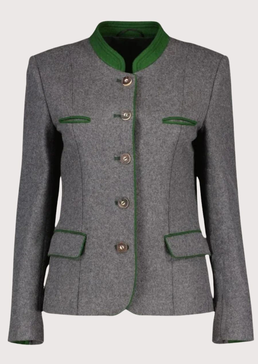 Women's grey wool Trachten jacket with green trim, stand-up collar, decorative buttons, fitted Bavarian jacket, authentic Alpine German traditional clothing.