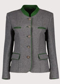 Women's grey wool Trachten jacket with green trim, stand-up collar, decorative buttons, fitted Bavarian jacket, authentic Alpine German traditional clothing.