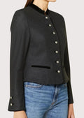 Elegant women's Alpine heritage jacket in charcoal wool with velvet trim, stand collar, and traditional Trachten craftsmanship.