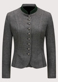 Womens Grey Bavarian Trachten Jacket featuring a forest green stand collar, fabric-covered buttons, tailored fit, and authentic Bavarian style.