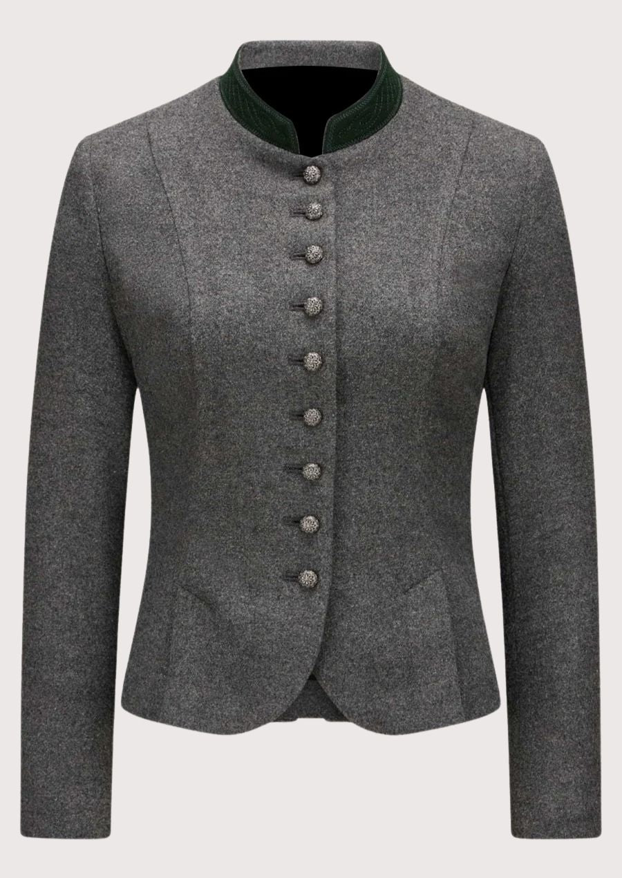 Womens Grey Bavarian Trachten Jacket featuring a forest green stand collar, fabric-covered buttons, tailored fit, and authentic Bavarian style.