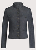 Women's charcoal grey wool Trachten jacket with stand-up collar, decorative metal buttons, tailored Bavarian blazer, premium Alpine heritage jacket for Oktoberfest and traditional German fashion.