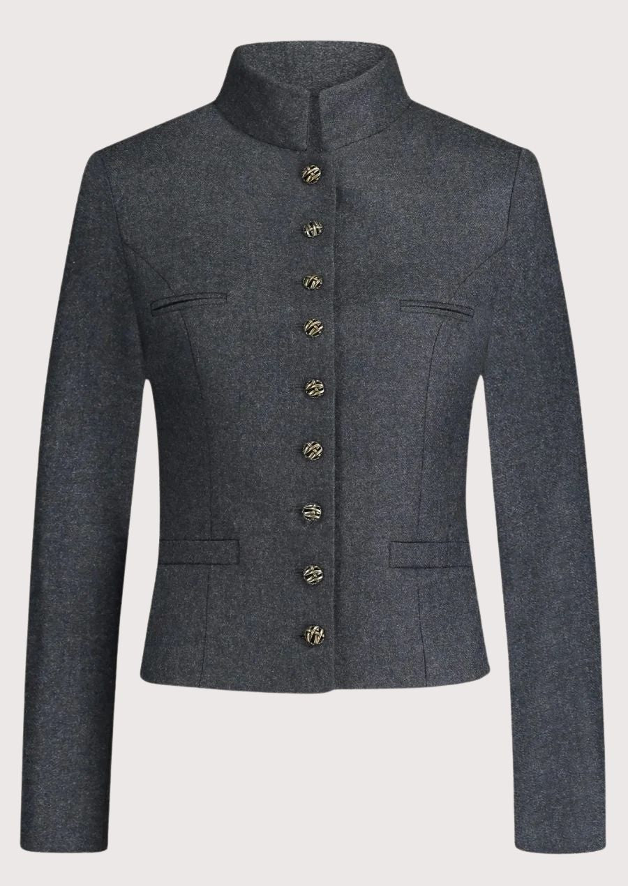 Women's charcoal grey wool Trachten jacket with stand-up collar, decorative metal buttons, tailored Bavarian blazer, premium Alpine heritage jacket for Oktoberfest and traditional German fashion.